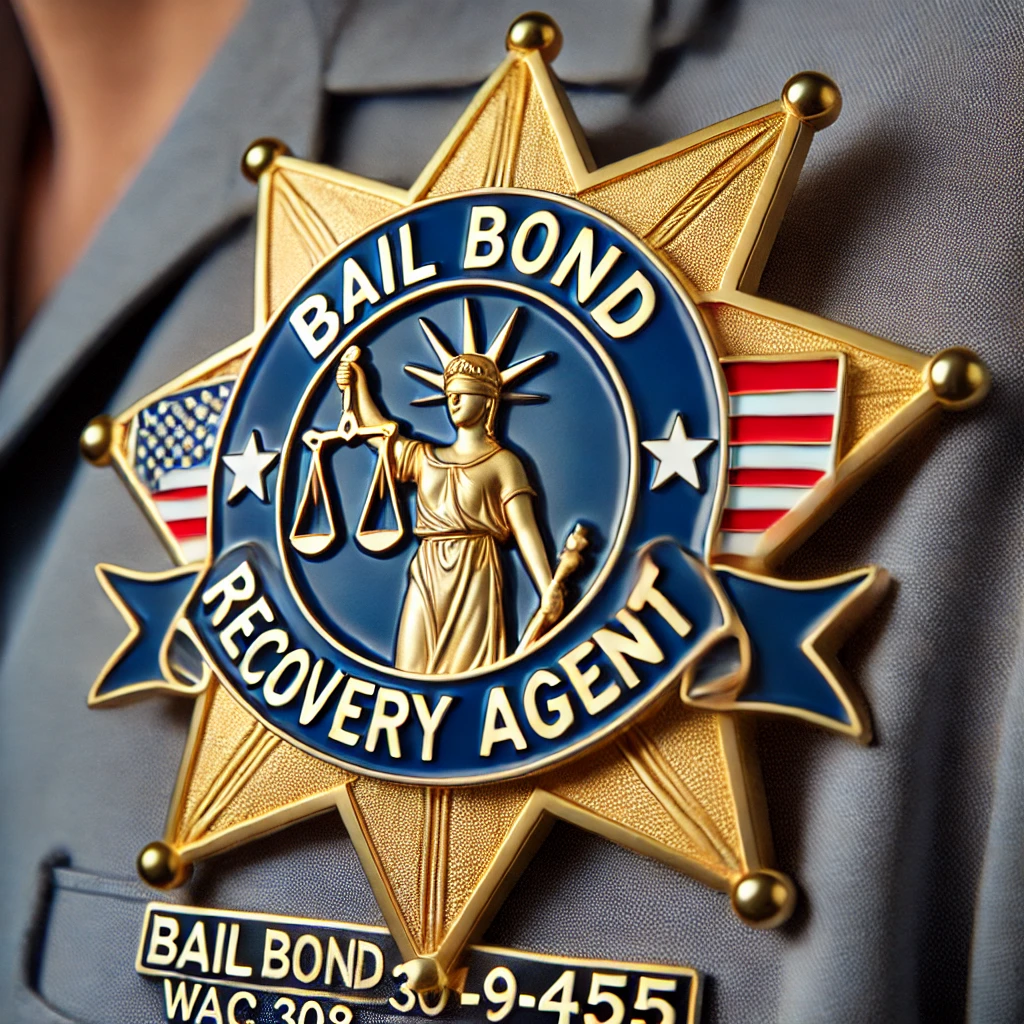 Bail bond recovery agent badge with gold star, blue ribbon, Liberty Bell, and license number as required by WAC 308-19-455 in Washington Stat