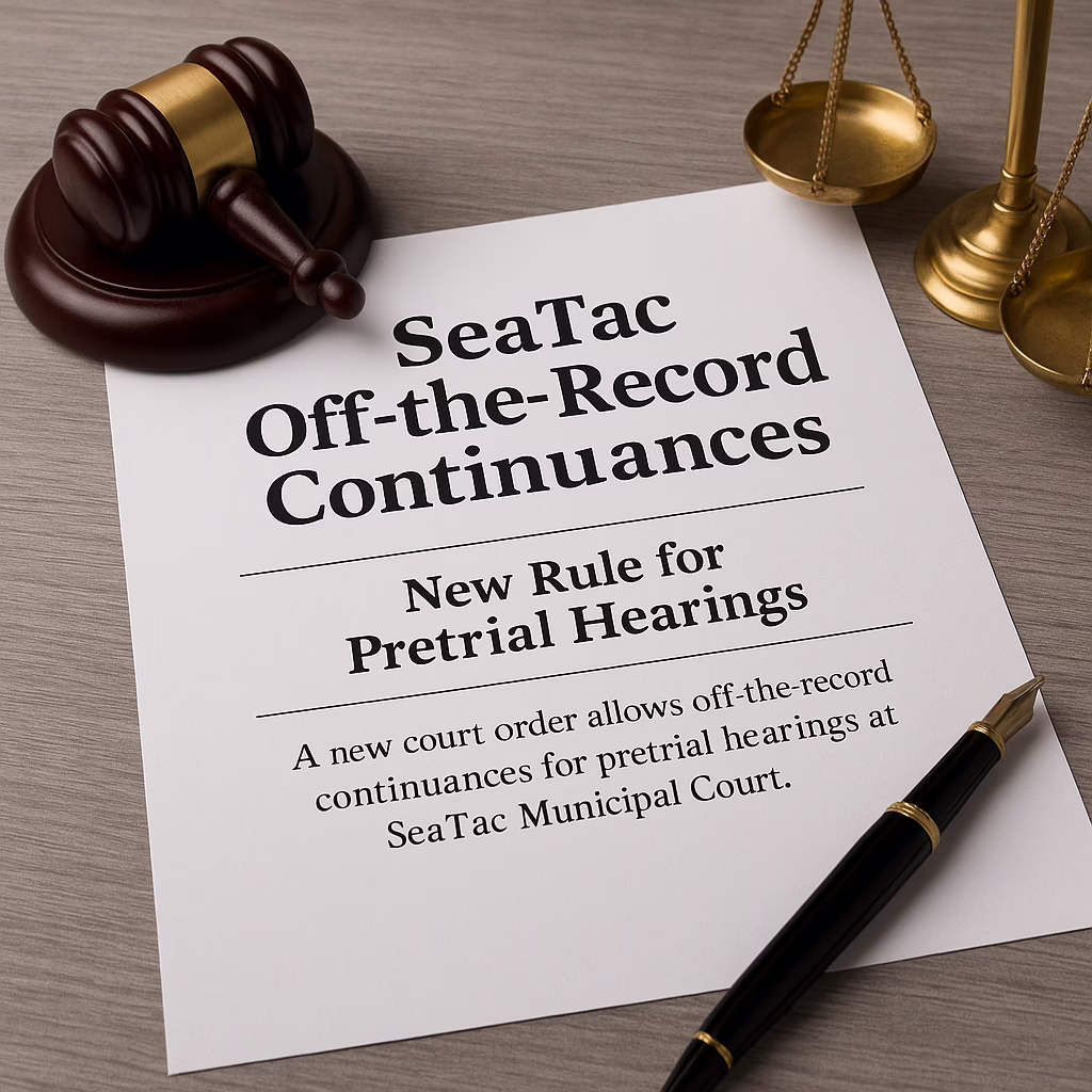 Legal document on SeaTac off-the-record continuances next to judge’s gavel